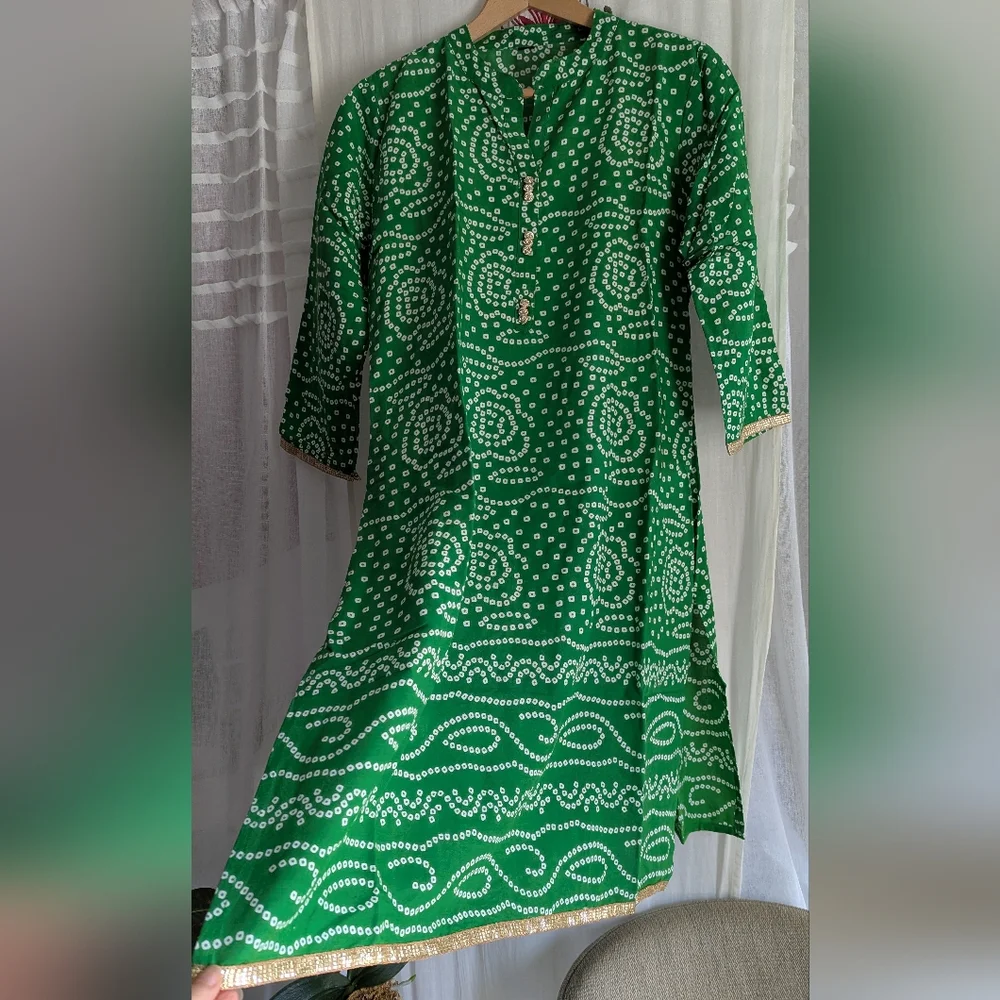 💚 New Grass Green White Gold Trim Kurta Dress M Tunic Party - Picture 2 of 16